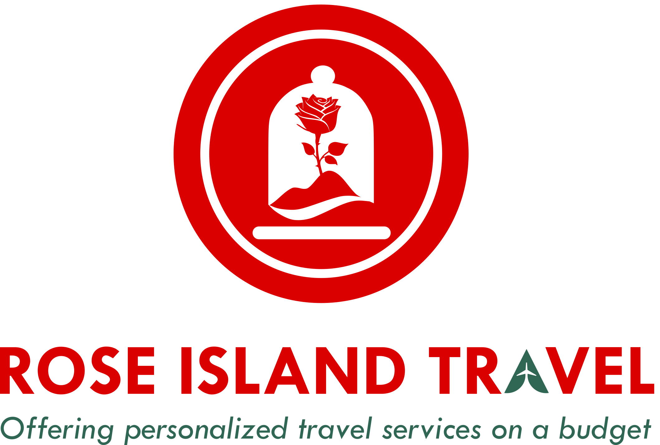 Rose in a dome with red background with inscription of Rose Island Travel Agency